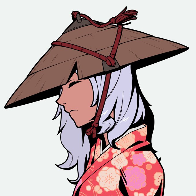 An anime-style illustration of a character with white hair wearing a traditional brown straw hat and a red floral kimono.