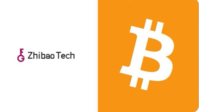 The image shows a split graphic featuring the "Zhibao Tech" logo on a white background (left) alongside a large white Bitcoin "₿" symbol on an orange background (right), visually representing the company's announced 3,500 BTC PIPE financing deal.