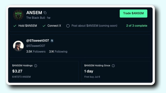 A trader dashboard shows user @STsweet007 has earned 2 of 3 task rewards (Hold $ANSEM and Connect X) for $ANSEM, with a $3.27 holding value, though the "Post about $ANSEM" Twitter task remains incomplete — reflecting the poster's frustration that their Twitter task still hasn't been marked as complete despite supporting the token.
