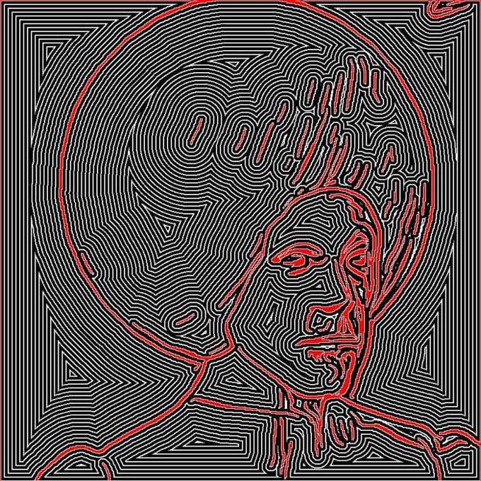 Abstract red and black topographic-style line art featuring stylized eyes and faces with the word 'GOOFIES' integrated into the design.