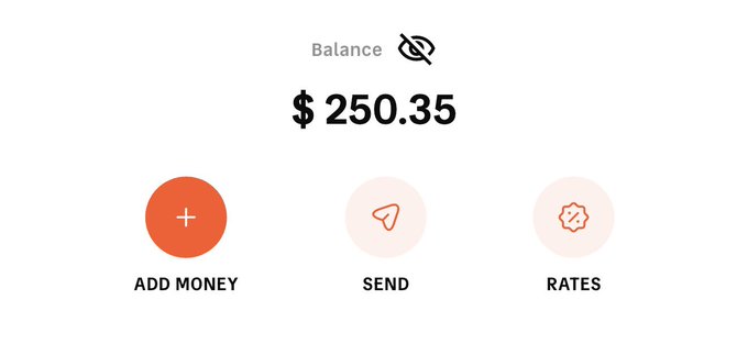 A digital wallet interface displays a balance of $250.35 with options to "Add Money," "Send," and "Rates," with the "Balance" label hidden by an eye-off icon—suggesting privacy. The image supports the post by showcasing the $250 prize amount that participants can win by dropping their wallet addresses.