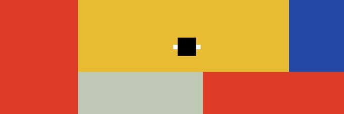 A geometric digital artwork featuring bold blocks of red, yellow, blue, and pale green with a small black pixelated square at the center, visually representing the "FlyBlocks" brand identity of stacking and building digital blocks.