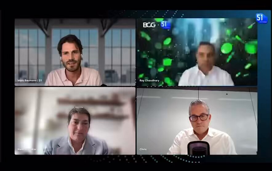 The image shows a computer screen displaying four separate video conference calls with two men sitting at desks, one of whom has a tie visible. The screens are arranged vertically, creating an organized layout for the presentations. The postshare includes information about a partnership between companies, and there is also a link to a press release on July 15th.