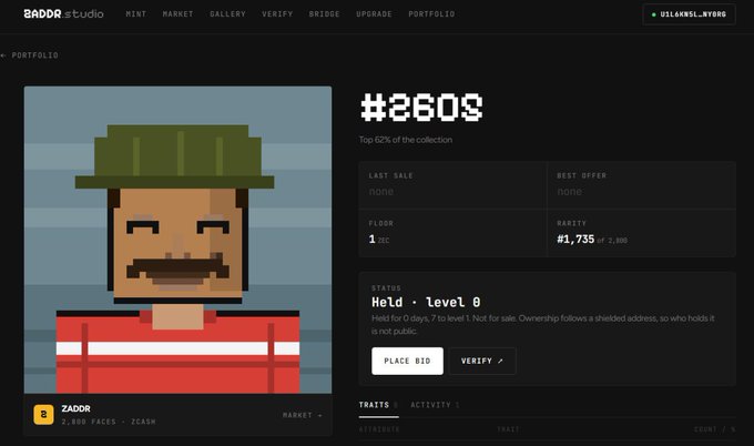 A screenshot of the BADDR Studio portfolio page displaying ZADDR NFT #2609, listed at a 1 ZEC floor price with batch #1,735/2,800 and a pixel-art character wearing a green hat. The image illustrates the minting milestone referenced in the post, showing the NFT freshly minted and already priced at the 1 ZEC floor.