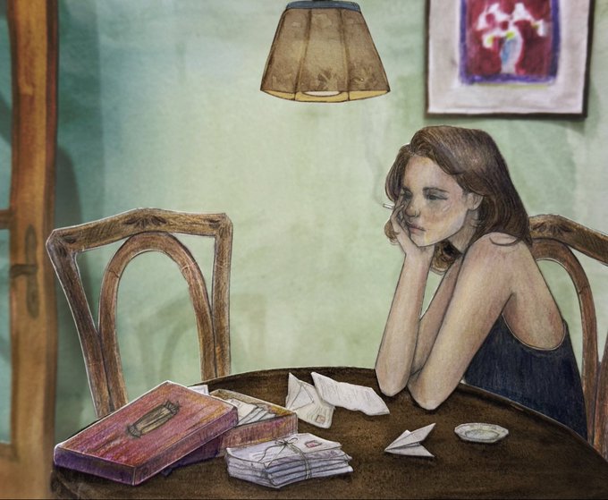 A watercolor-style illustration of a woman sitting at a wooden table with letters, a small box, a paper airplane, and a coin, looking thoughtfully under a hanging lamp.