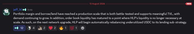 The image shows a Discord message from "jeff_h" dated 10 August 2026 announcing that Portfolio margin and borrow/lend have reached production scale, and that after the next network upgrade, HLP will begin automatically rebalancing underutilized USDC into its lending sub-strategy since HLP's liquidity is no longer necessary at scale. This relates to the post's point that idle USDC in HLP will now be automatically deployed into lending and scaling Portfolio Margin.