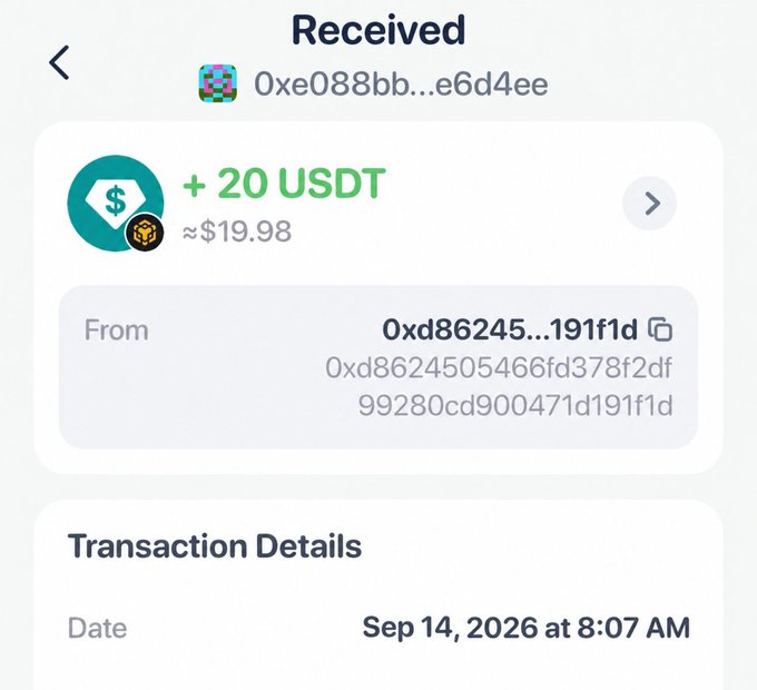 A mobile app screenshot showing a cryptocurrency wallet transaction that 'Received' '+ 20 USDT' (~$19.98) from address '0xd8624505466fd378f2df99280cd900471d191f1d' on 'Sep 14, 2026 at 8:07 AM'.