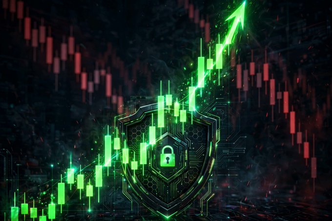 A stylized digital image showing a green candlestick chart trending upward over a metallic shield with a padlock icon and red candlesticks in the background.