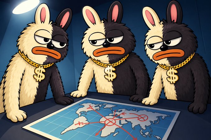 A cartoon image shows three black-and-white bunny characters wearing gold chains with dollar sign ($) pendants, standing together over a world map marked with red targets and strategy lines, evoking a "planners" or "schemers" vibe. The image relates to the post by visually reinforcing the promise of a $BORO airdrop to the first 2,000 Solana wallets, using the $ chain imagery to suggest wealth while the map hints at a global, coordinated distribution.