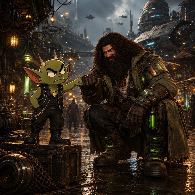 A digital artwork depicting a small green goblin-like creature bumping fists with a large, bearded, rugged character in a steampunk or cyberpunk city setting.