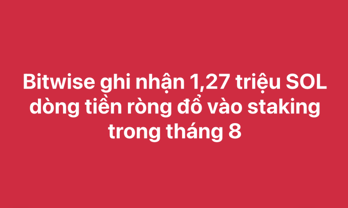 Red background with Vietnamese text 'Bitwise ghi nhận 1,27 triệu SOL dòng tiền ròng đổ vào staking trong tháng 8' (Bitwise records 1.27 million SOL net inflow into staking in August).
