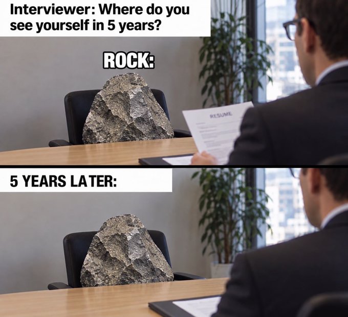 A two-panel meme showing a rock being interviewed, with the interviewer asking 'Where do you see yourself in 5 years?' and the bottom panel labeled '5 YEARS LATER:' showing the rock unchanged.