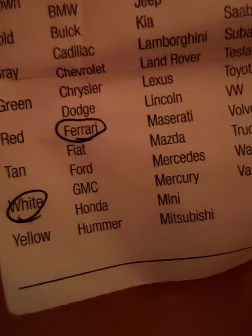 A close-up of a printed list showing car brands arranged alphabetically, with the word "White" circled in the left column and "Ferrari" circled in the middle column. Visible brands include BMW, Cadillac, Dodge, Honda, Lamborghini, and Mercedes, among others.