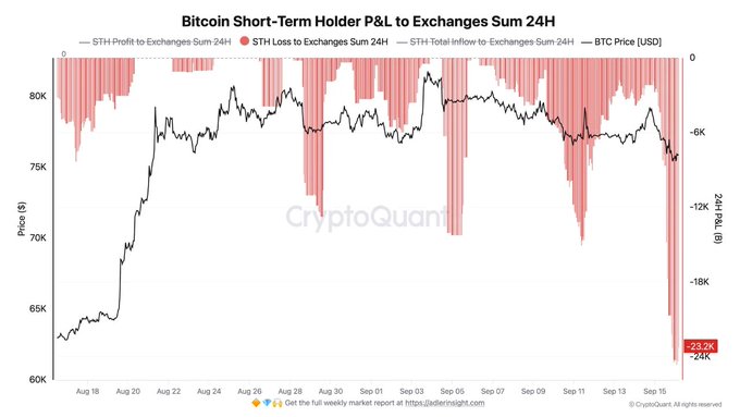 A CryptoQuant chart titled "Bitcoin Short-Term Holder P&L to Exchanges Sum 24H" showing BTC price dropping from ~80K to ~60K between August 18 and September 15, with significant short-term holder losses highlighted in red.