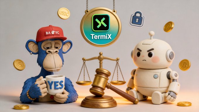 A 3D render showing a Bored Ape NFT wearing a 'BAYC' cap holding a 'YES' mug, sitting next to a robot, with a scale of justice, a 'TermiX' medallion, and scattered crypto coins between them.