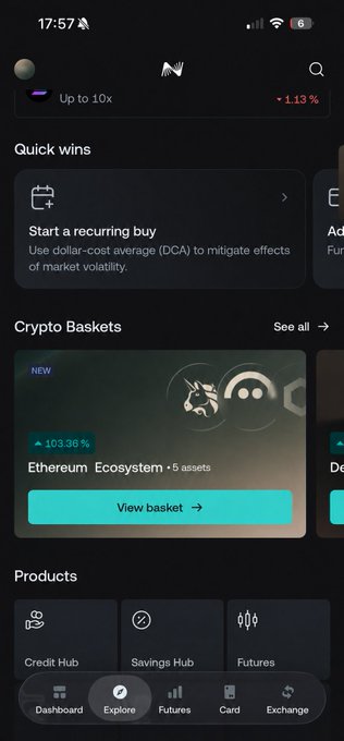 A mobile app screenshot of a cryptocurrency exchange interface showing options like "Start a recurring buy" with DCA explanation, a "Crypto Baskets" section featuring an "Ethereum Ecosystem • 5 assets" basket with a +103.36% gain, and navigation tabs for Dashboard, Explore, Futures, Card, and Exchange.