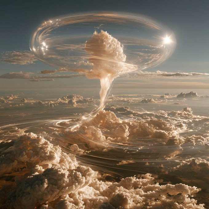 A surreal digital artwork depicting a swirling cloud formation or funnel above a vast sea of clouds, illuminated by a bright sun and glowing light streaks in a golden hour sky.