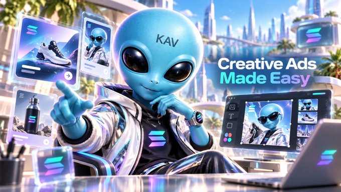 A promotional image featuring a blue alien-like character labeled 'KAV' pointing forward, with the tagline 'Creative Ads Made Easy' and floating screens showing sneakers and other products against a futuristic cityscape.