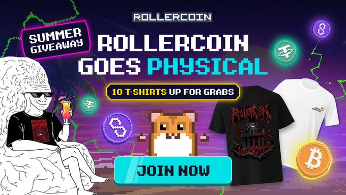 A RollerCoin promotional banner for a 'Summer Giveaway' with 10 t-shirts up for grabs, featuring pixel art and Bitcoin/crypto imagery.
