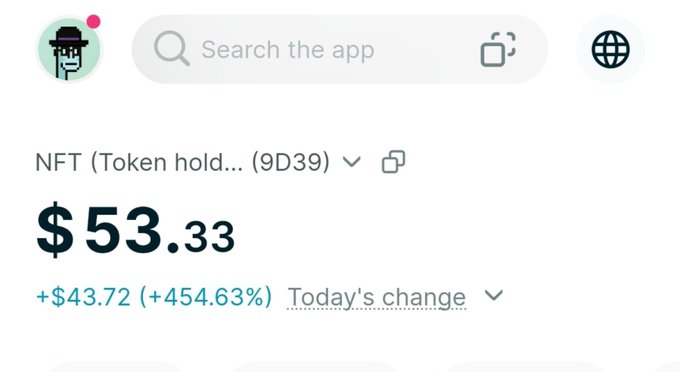 A cryptocurrency tracking app displays an NFT token (9D39) priced at $53.33, showing a massive +454.63% increase (+$43.72) for the day.