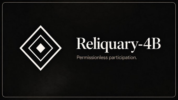 A sleek dark banner displays "Reliquary-4B" with the tagline "Permissionless participation." alongside a geometric diamond logo, visually reinforcing the post's theme of decentralized, open-access post-trained models that compete with top-tier frontier systems.