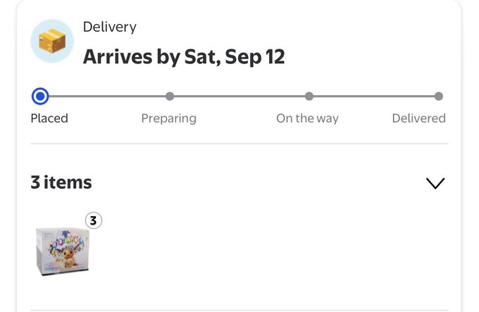 A delivery tracking screen shows an order of 3 items arriving by Saturday, September 12, currently in the "Placed" stage—fitting the post's "FINALLY ONE OF THE CHOSEN ONES" since getting a confirmed delivery date can feel like a lucky break given recent shipping delays.