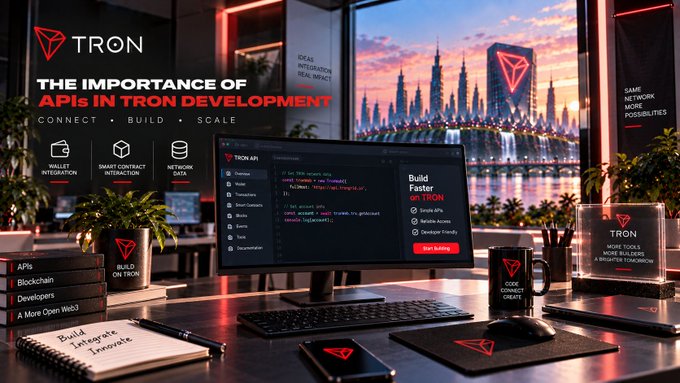 A TRON blockchain promotional banner titled 'THE IMPORTANCE OF APIs IN TRON DEVELOPMENT' with 'CONNECT • BUILD • SCALE', featuring a futuristic city skyline and developer workspace.