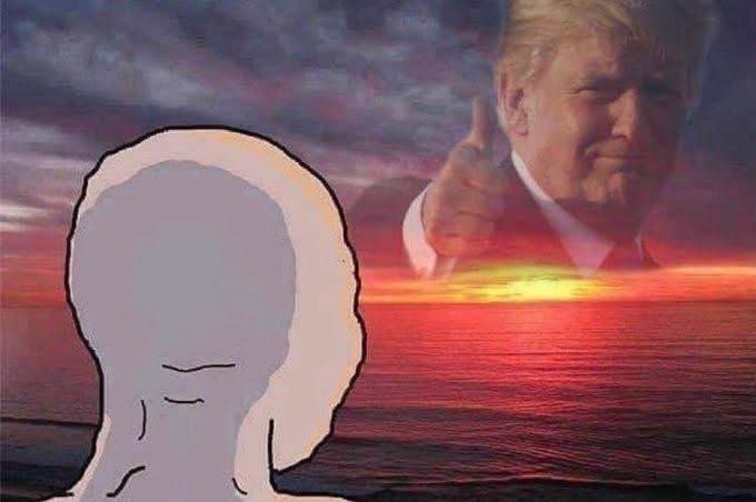An internet meme showing a silhouetted cartoon figure gazing at a sunset over the ocean, with a superimposed image of Donald Trump giving a thumbs-up in the sky.