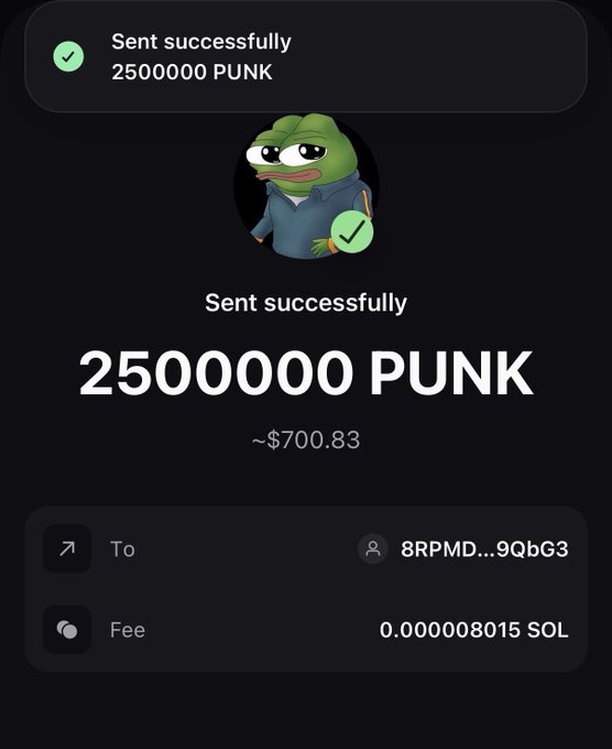A transaction confirmation screen shows 2,500,000 PUNK (~$700.83) was sent successfully to wallet address 8RPMD...9QbG3, matching the recipient address shared in the post.