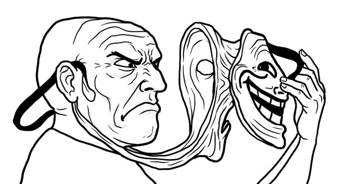 The image features an illustration of a man with a mask covering his face, holding up another mask that has a smiley face on it. The masks are placed close together, creating a sense of connection between them. The man's facial expression is serious or angry, and he appears to be looking at the other person wearing the mask. The image does not contain any text, but there is a caption below the illustration that reads "The @Troll_ $TROLL NFT" with an explanation about the nature of the masks involved in the scene.