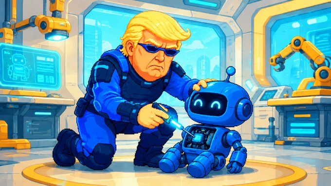 A cartoon illustration of a blonde-haired man in a blue futuristic suit repairing a small blue robot with a tool in a high-tech workshop.