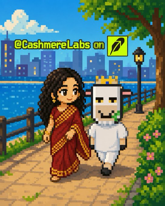 Pixel art depicting a woman with long curly hair wearing a red sari with gold trim walking alongside a pixelated white figure with a crown, on a path beside water with a city skyline at dusk, labeled '@CashmereLabs on' with a feather icon.