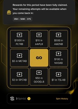 The image displays a Binance Spin & Win game screen with a grid of token rewards, including $1000 in PLTRB, $10 in AAPL.B, $500 in AMZN.B, $100 in NVDAB, and others, alongside a central "GO" button to play. A notification at the top states that all rewards have been claimed and remaining attempts will refresh in 5 hours, 50 minutes, 37 seconds, with 3 spins available at the bottom.