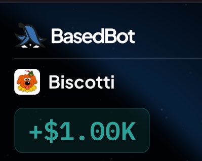 Digital interface showing a 'BasedBot' profile with a penguin logo and a 'Biscotti' entry displaying '+ $1.00K' in teal text.