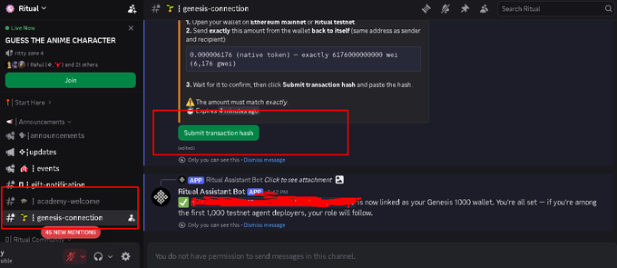 A Discord screenshot showing the Ritual "academy-welcome" channel, with the "genesis-connexion" and "academy-welcome" channels highlighted in red, where users must send 0.000006176 wei of native token to the Ritual Mannaet contract at address 0x5a8e1 and then click the "Submit transaction hash" button to claim their Ritual Assistant Bot (1,000 testnet agent deployers) role.