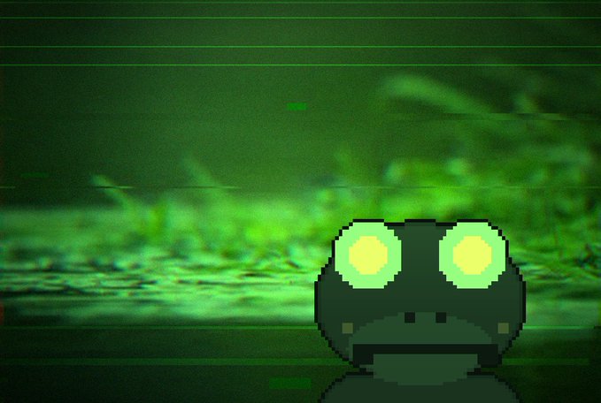 A pixel art illustration of a dark frog-like creature with glowing yellow-green eyes, set against a green-tinted, grainy background resembling a night-vision scene.