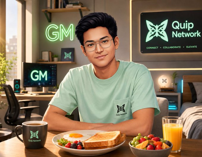 An illustrated portrait of a young man wearing glasses and a mint green 'Quip Network' shirt sitting at a table with breakfast, with 'GM' and 'Quip Network' branding visible on screens behind him.
