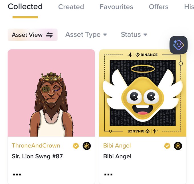 A screenshot of a Binance NFT collection page displays two collected NFTs—a "ThroneAndCrown" piece titled "Sir. Lion Swag #87" featuring a lion character, and a "Bibi Angel" NFT from the official Binance Angels collection. The image directly relates to the post by showcasing a rare Binance Angel NFT from the user's collected assets.