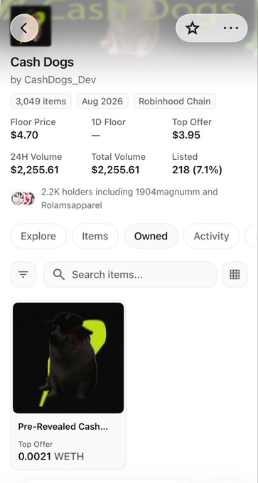 A screenshot of the Cash Dogs NFT collection on Robinhood Chain shows a floor price of $4.70, 3,049 items, and 2.2K holders, supporting the poster's claim that these dog-themed NFTs (such as the visible "Pre-Revealed Cash Dogs" item) are still "super cheap" to mint.