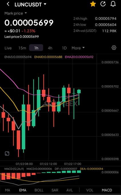 A cryptocurrency trading chart on the LUNCUSDT pair, showing a 1.23% price drop with candlestick data and EMA/MACD indicators.