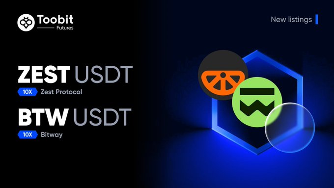 The image features a poster for a cryptocurrency called ZESTUSDT, which has been listed as a new listing with leverage of up to 10X. The poster also includes information about the trading platform Bitway, which offers leverage options on various cryptocurrencies such as Bitcoin and Ethereum.