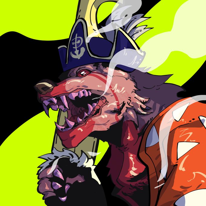 A stylized illustration of a snarling werewolf wearing a pirate captain's hat with an anchor symbol, gripping a smoking cigar, set against a striking neon yellow and black background.