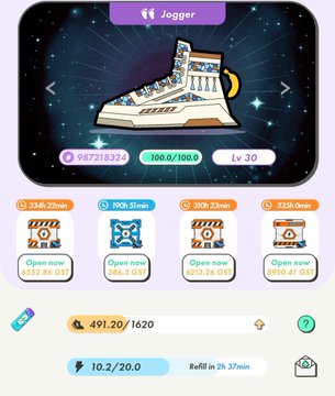 A screenshot from the STEPN app shows a "Jogger" sneaker NFT with stats like energy 100.0/100.0 and level 30, alongside four running time milestones (33M-22min, 19M-51min, 30M-22min, 33M-9min) with "Open now" buttons, and current stats of 491.20/1620 energy and 10.2/20.0 GST. The post confirms that the user's combined main and sub accounts have nearly completed the second and third time-based goals for jogging distance achievements, marking an unconventional but successful progress toward their yearly targets.