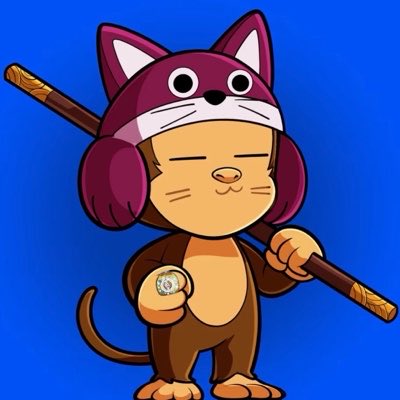 A cartoon monkey character wearing a purple cat-eared hood and holding a wooden staff, displaying a small coin with "JPC" text against a blue background.