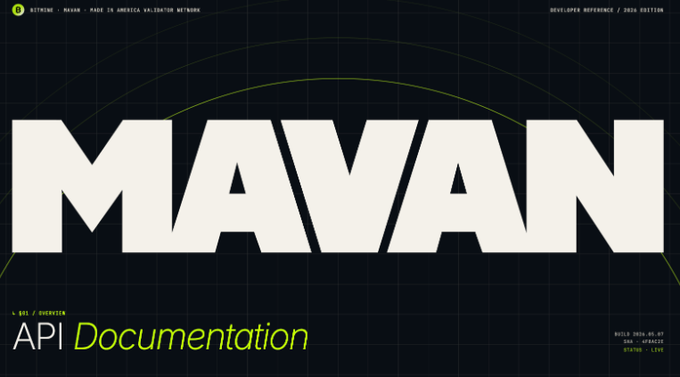 The image displays a promotional banner for "Bitmine: MAAN" with text indicating it was "made in Immichus Validator Network" and includes "API Documentation" with build date "2024.05.07." The design features bold typography and a dark tech-style aesthetic, visually representing Bitmine's branding and validator infrastructure ambitions referenced in the post about their goal of controlling up to 5% of Ethereum validators.