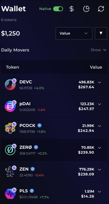 A PulseChain wallet screenshot displaying a $1,250 portfolio with 6 tokens, showing current holdings including DEVC ($267.64), pDAI ($247.57), PCOCK ($242.94), ZERO ($239.90), ZEN ($238.09), and PLS ($14.26)—the image illustrates the user's current bag that they claim would turn into millions if their price targets were hit.