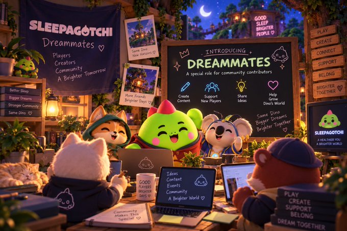 A promotional graphic for 'Sleepagotchi Dreammates' featuring cute cartoon animal characters gathered around a chalkboard introducing the community feature with options like 'Create Content,' 'Support New Players,' 'Share Ideas,' and 'Help Grow Dino's World.'