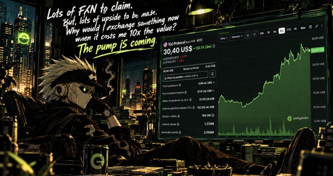 An anime-style cyberpunk illustration features a character looking at a stock chart with text reading 'Lots of FXN to claim. But lots of upside to be made. Why would I exchange something now when it costs me 10x the value? The pump is coming'.