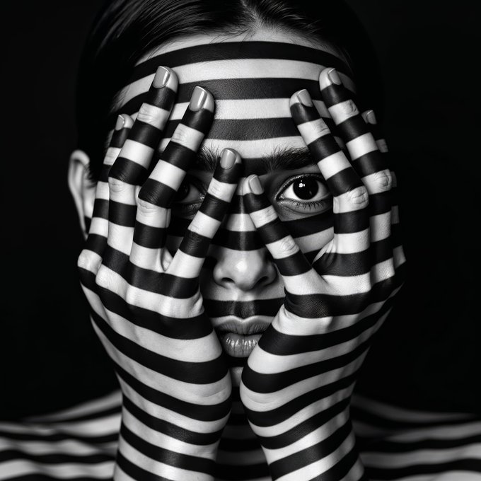 A surreal black-and-white digital artwork of a person's face partially obscured by multiple hands and body parts painted with horizontal black and white stripes, with one eye visible staring at the viewer.