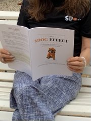 A person sitting on a bench reading an open book titled 'SDOG EFFECT: Understanding Crypto Markets,' wearing a dark t-shirt with 'SD' visible.